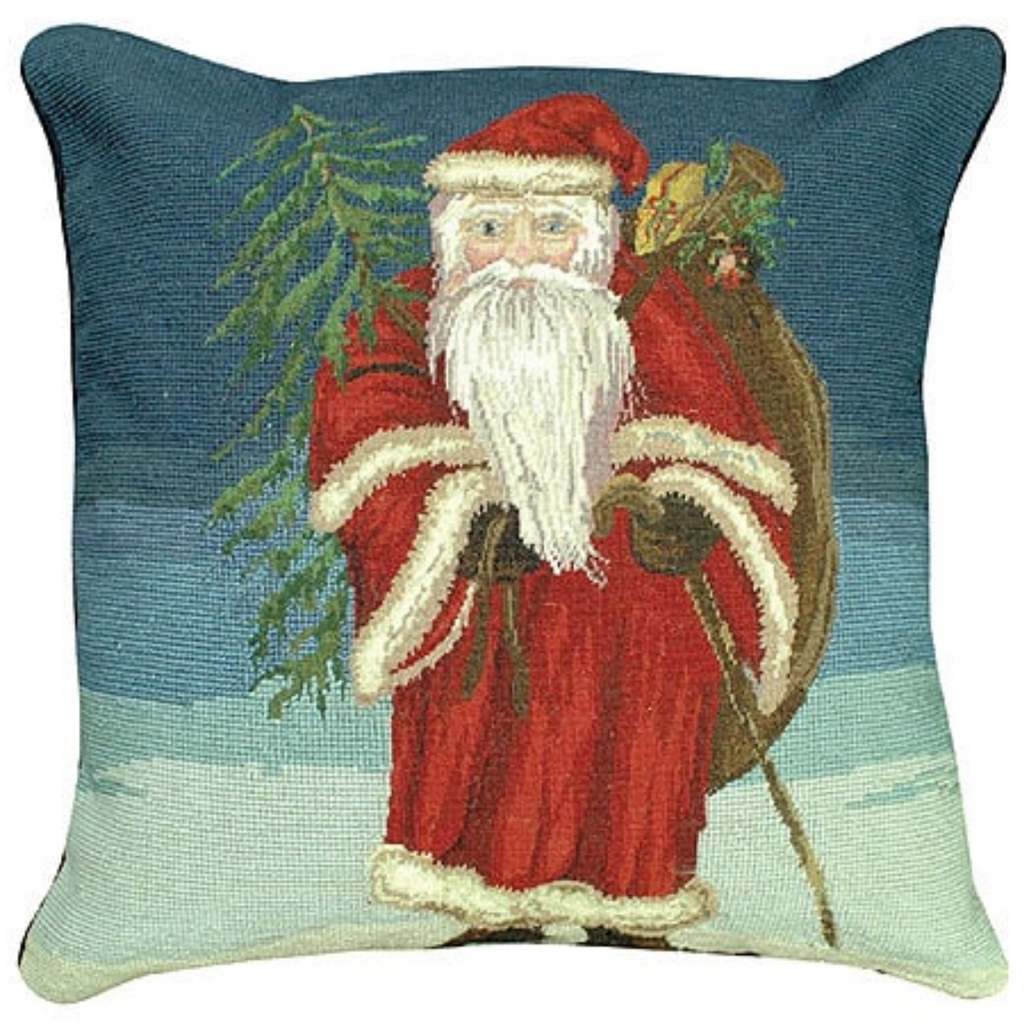 Santa with Tree Hand Stitched Christmas Throw Pillow - The Well Appointed House