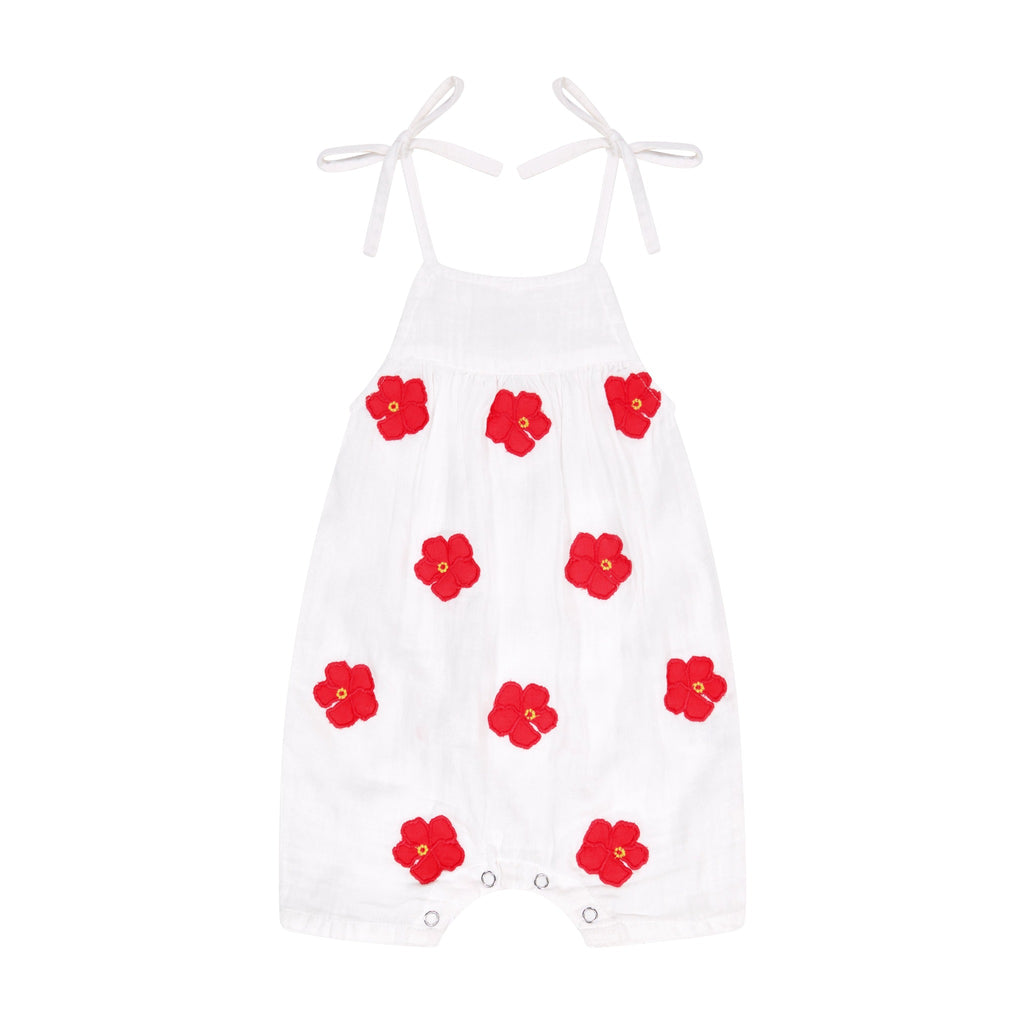 Marley Shoulder Tie Baby Romper Hibiscus Applique - The Well Appointed House