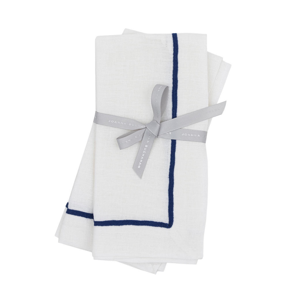 Navy Trim Linen Dinner Napkins, White, Set of Two - The Well Appointed House