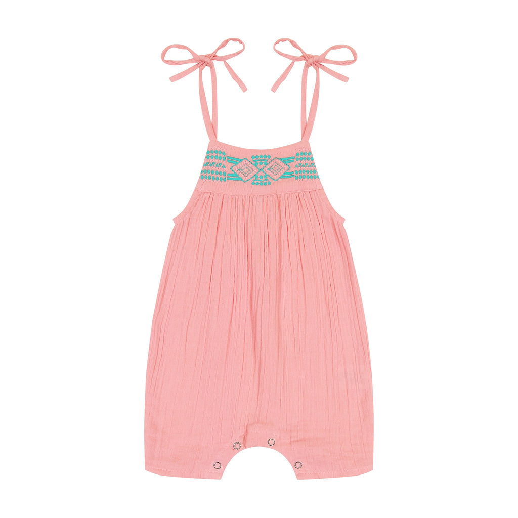 Marley Shoulder Tie Baby Romper Pink Sorbet Embroidery - The Well Appointed House