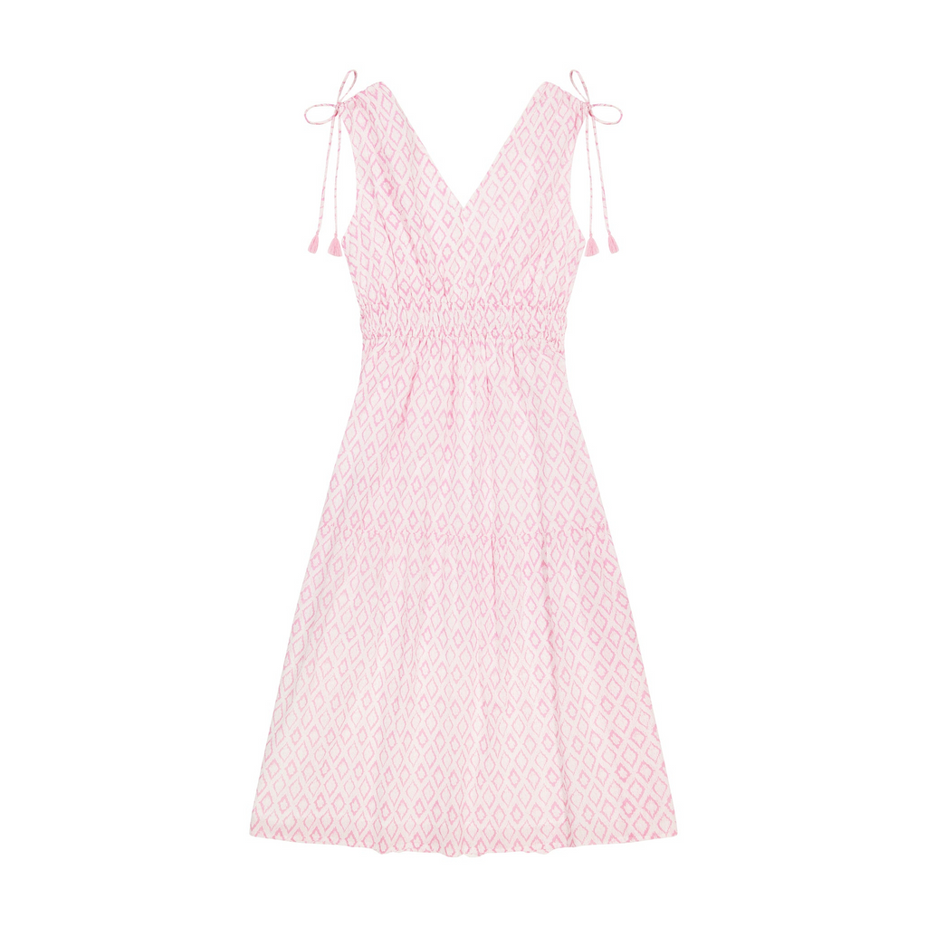 Noemie Women's Ruched Shoulder Tie Maxi Dress in Soft Pink Ikat - Size Small - The Well Appointed House
