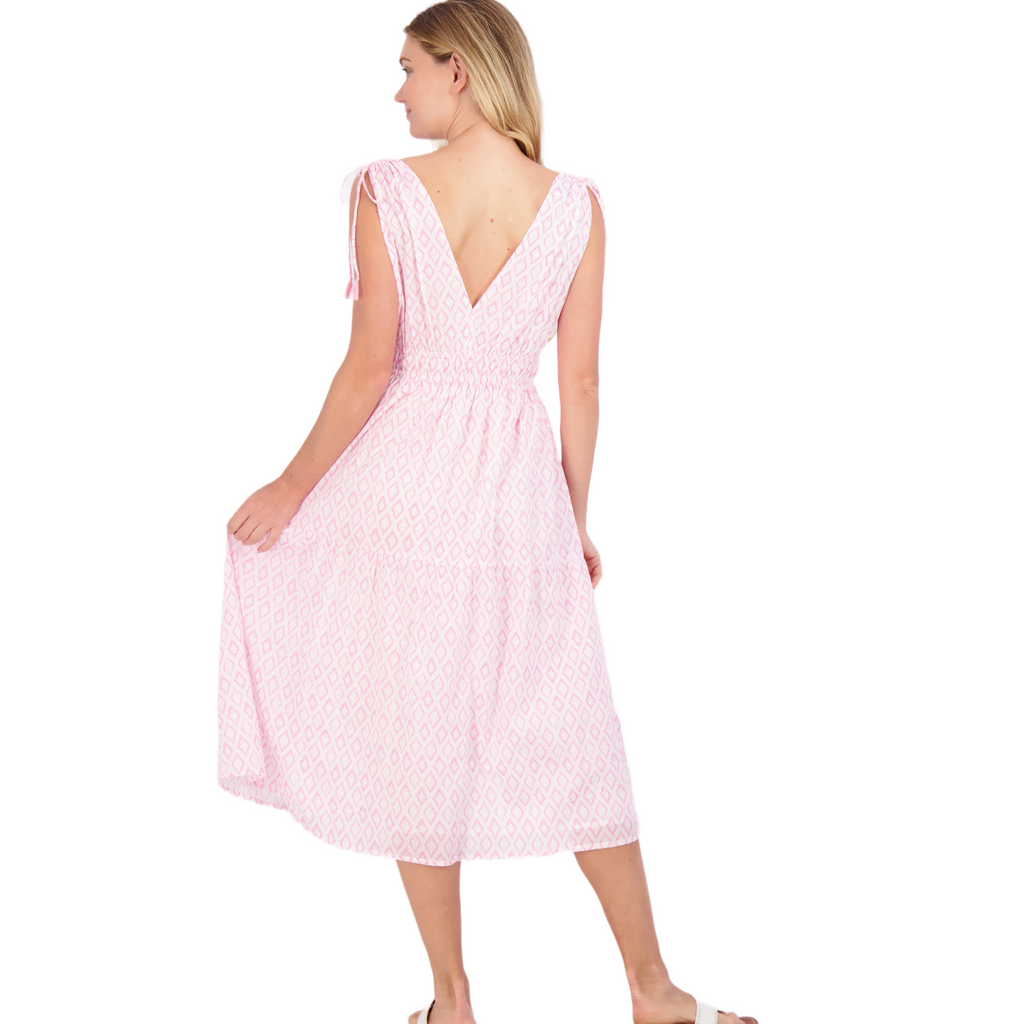 Noemie Women's Ruched Shoulder Tie Maxi Dress in Soft Pink Ikat - The Well Appointed House