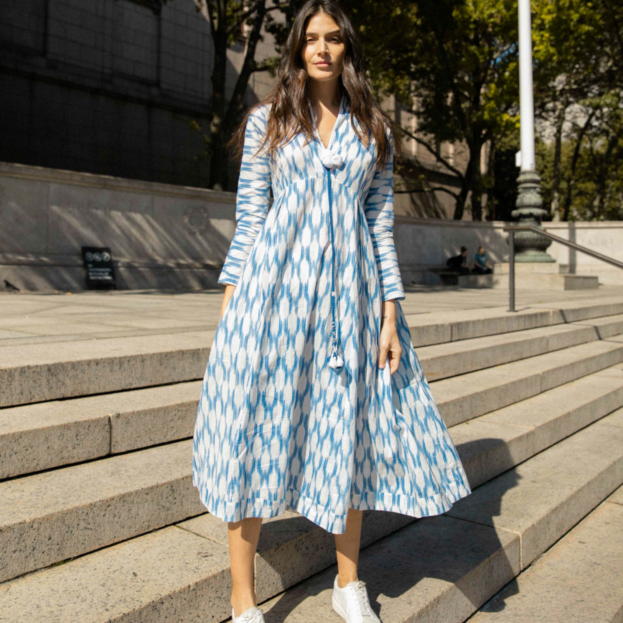 blue and white ikat dress White and Blue Handwoven Ikat Fit and Flare Dress