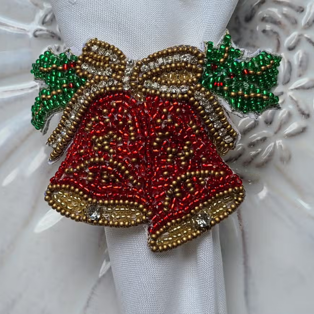 Set of Two Fully Beaded Christmas Bells Napkin Rings - The Well Appointed House