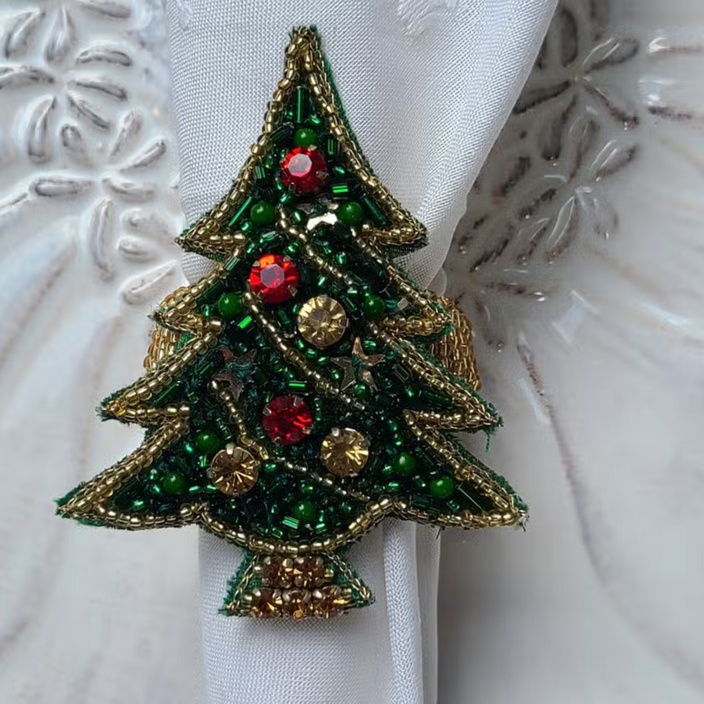 Set of Two Fully Beaded Christmas Tree Napkin Rings - The Well Appointed House