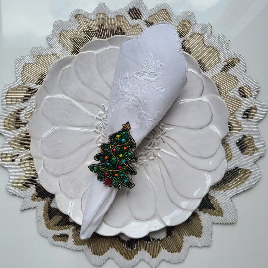 Set of Two Fully Beaded Multicolor Christmas Tree Napkin Rings - The Well Appointed House