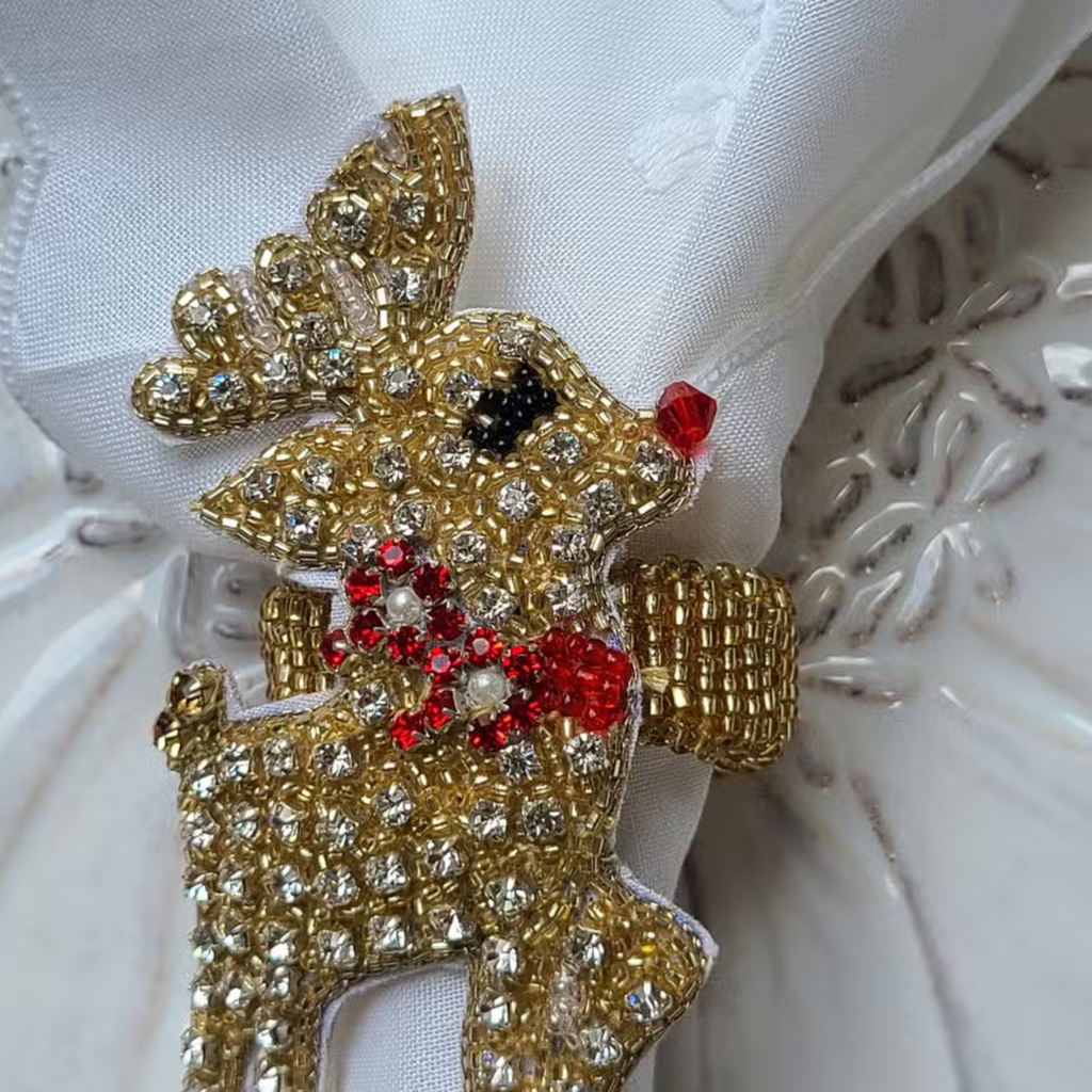 Set of Two Fully Beaded Christmas Reindeer Napkin Rings - The Well Appointed House