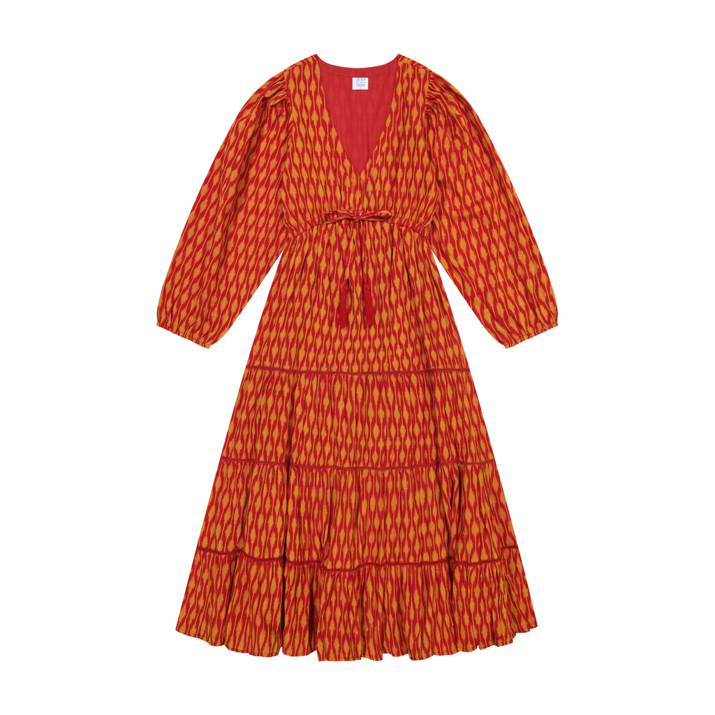 Odette Women's Maxi Dress in Red Gold Ikat - The Well Appointed House