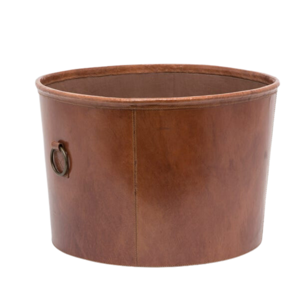 Pigeon & Poodle Ogden Round Full-Grain Leather Basket in Tobacco - Baskets & Bins - The Well Appointed House