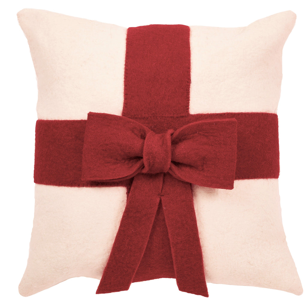 Red Bow on Cream - Christmas Pillow Cover in Hand Felted Wool - 20" - The Well Appointed House