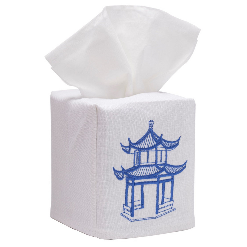 Pagoda Embroidered Tissue Box Cover in Cobalt Blue - The Well Appointed House