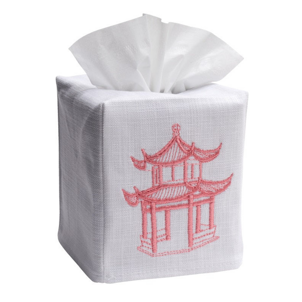 Pagoda Embroidered Tissue Box Cover in Coral - The Well Appointed House