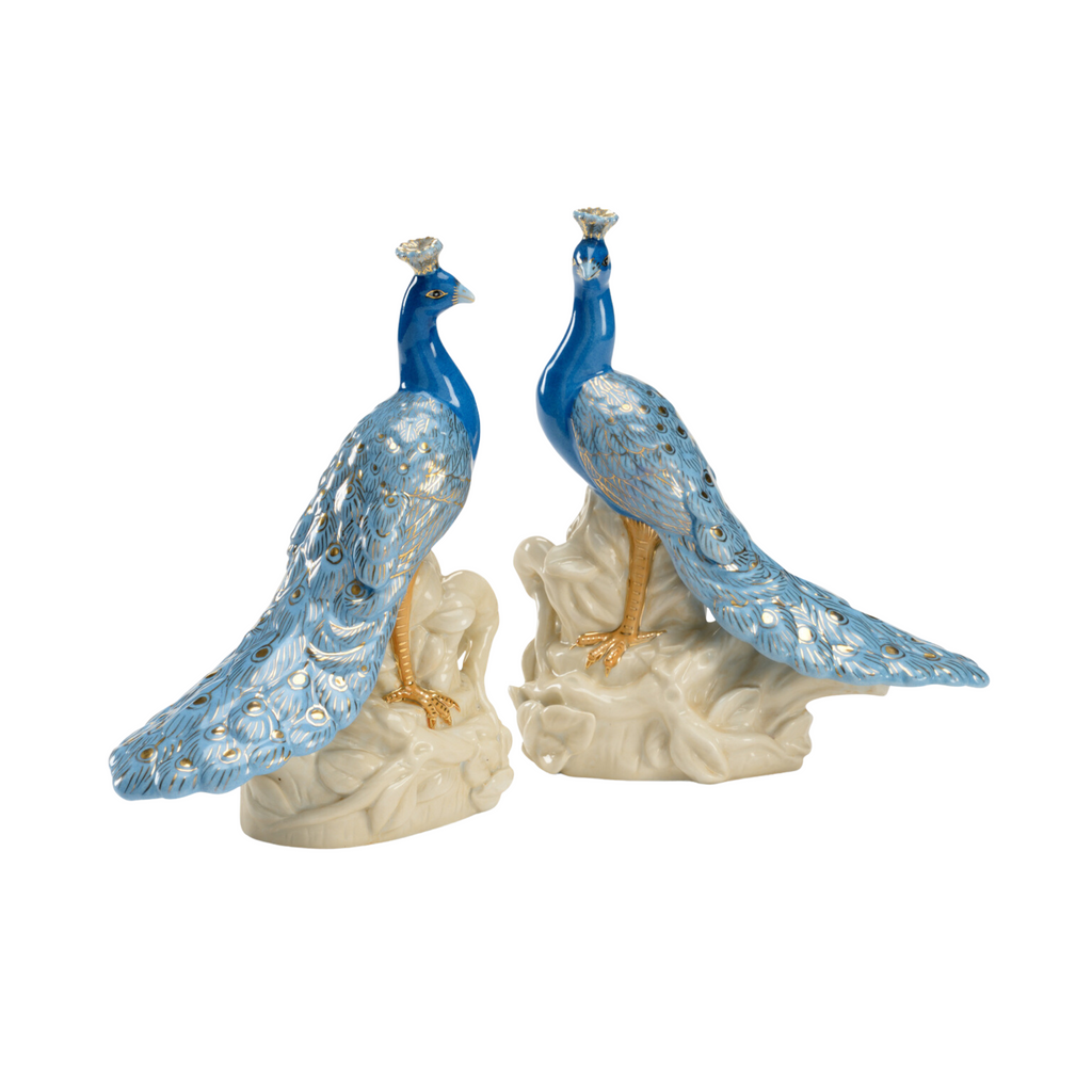 Pair of Blue Hand Painted Porcelain Peacocks - Decorative Objects - The Well Appointed House