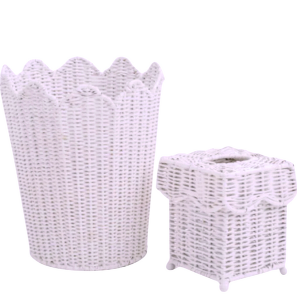 Pale Pink Scalloped Wicker Wastepaper Basket & Tissue Holder – The