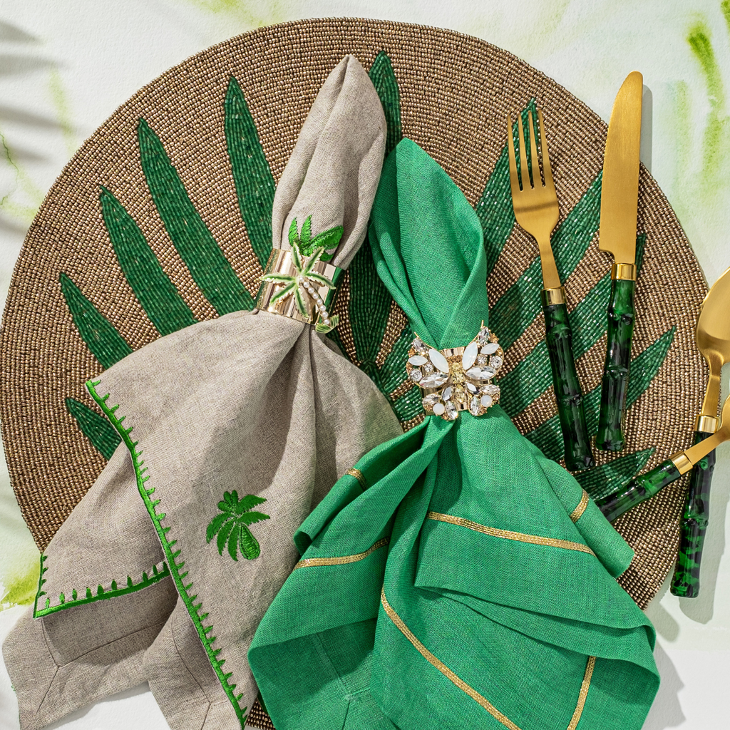 Palm Tree Embroidered Dinner Napkins, Flax, Set of Two - The Well Appointed House
