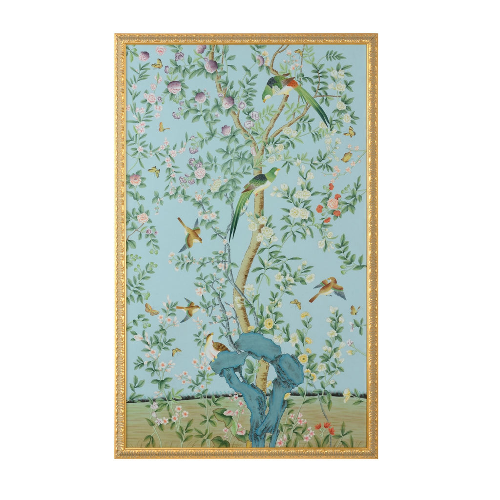 Phil. Panel Green Birds Watercolor on Silk Wall Art - The Well Appointed House