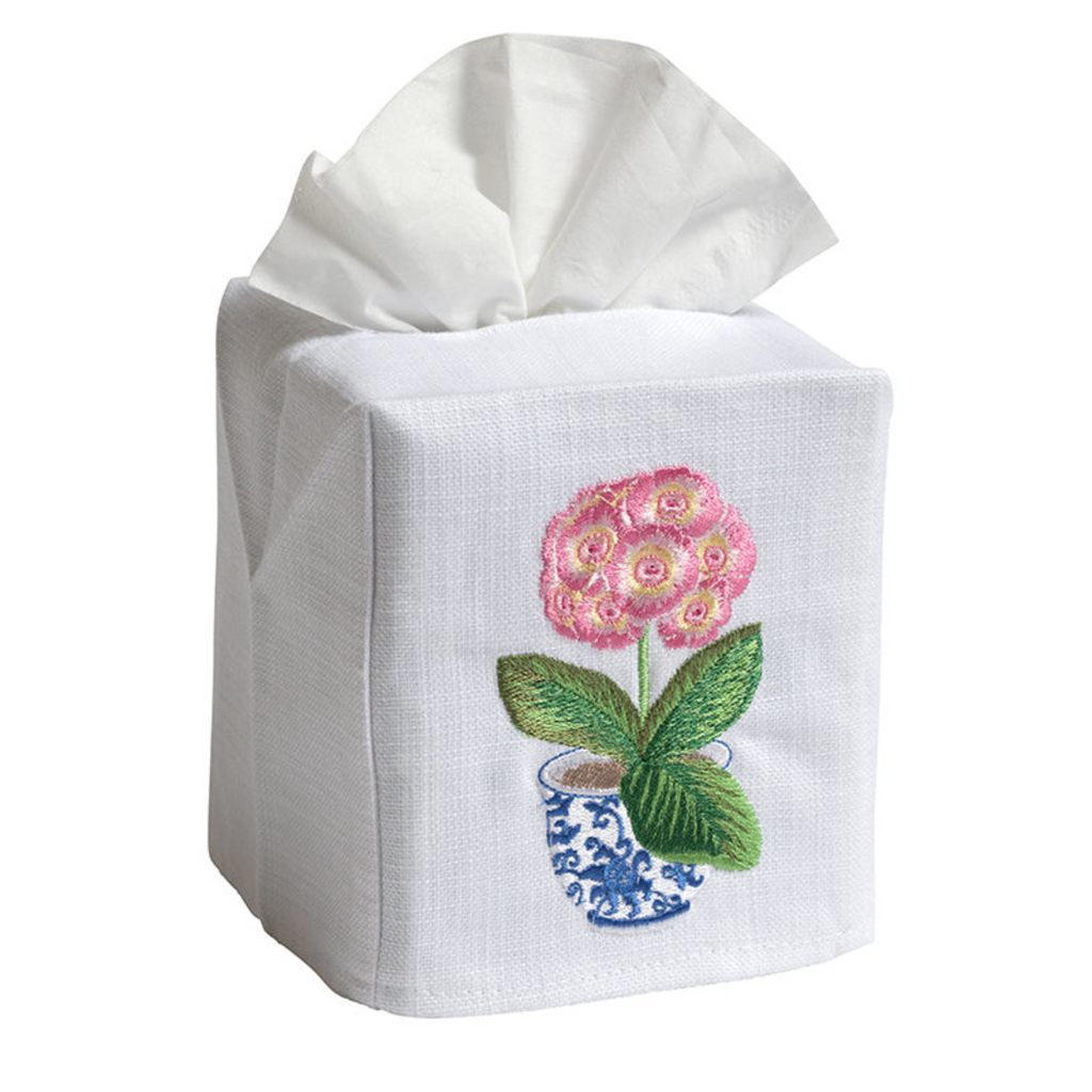 Pink Potted Primrose Embroidered Tissue Box Cover - The Well Appointed House