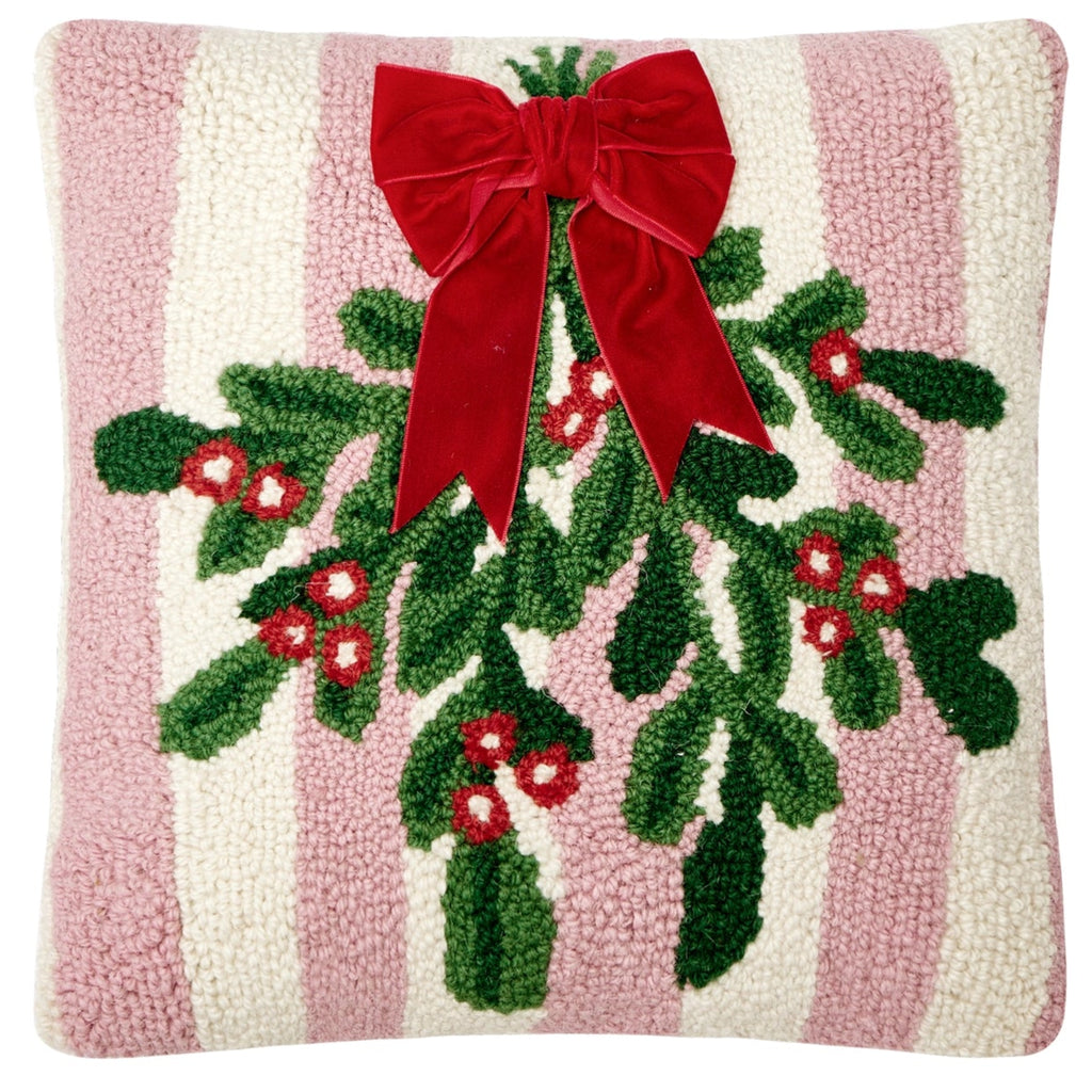 Pink Stripe Mistletoe with Ribbon Hook Pillow - The Well Appointed House 