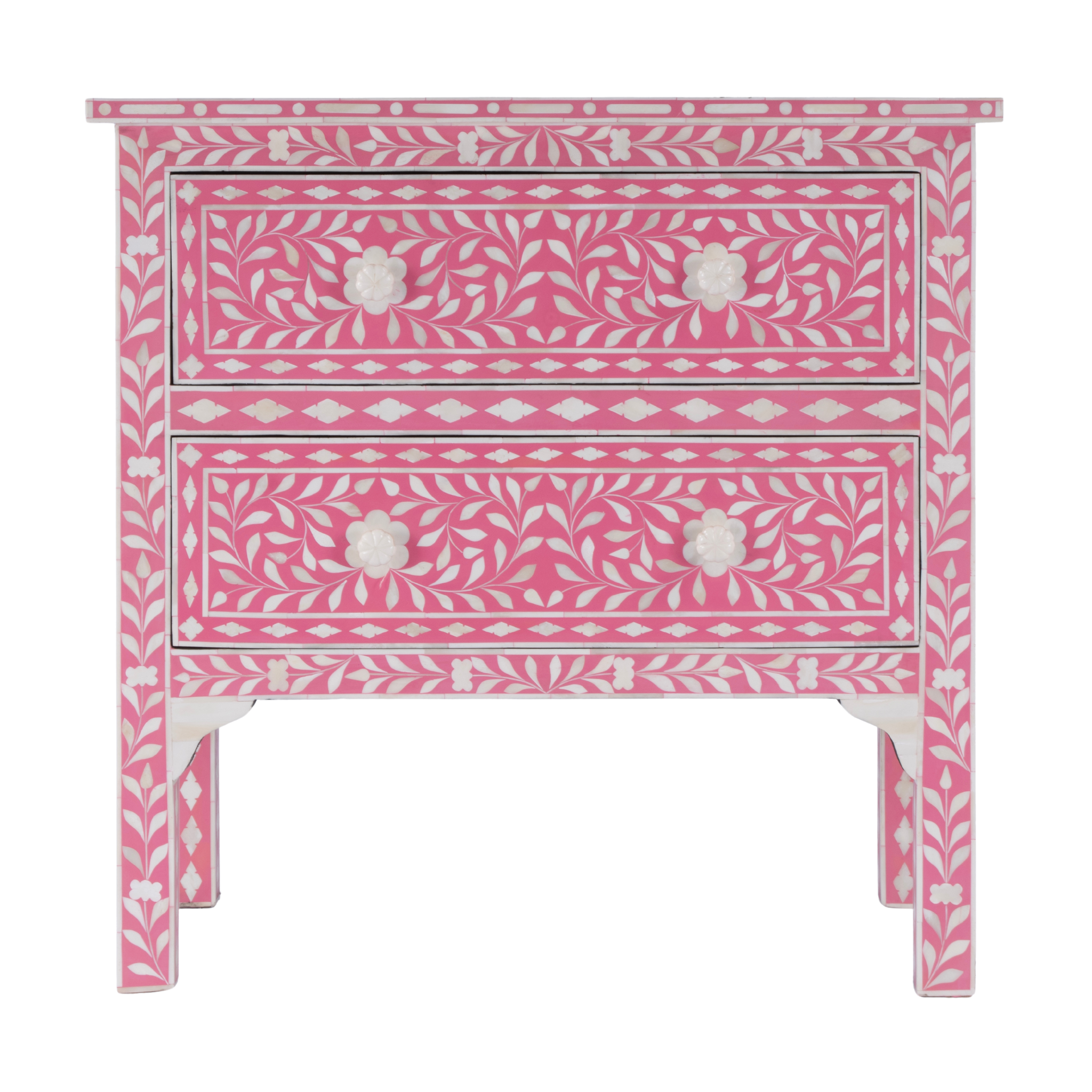 Pink & White Bone Inlay Two Drawer Side Table With Floral Pulls