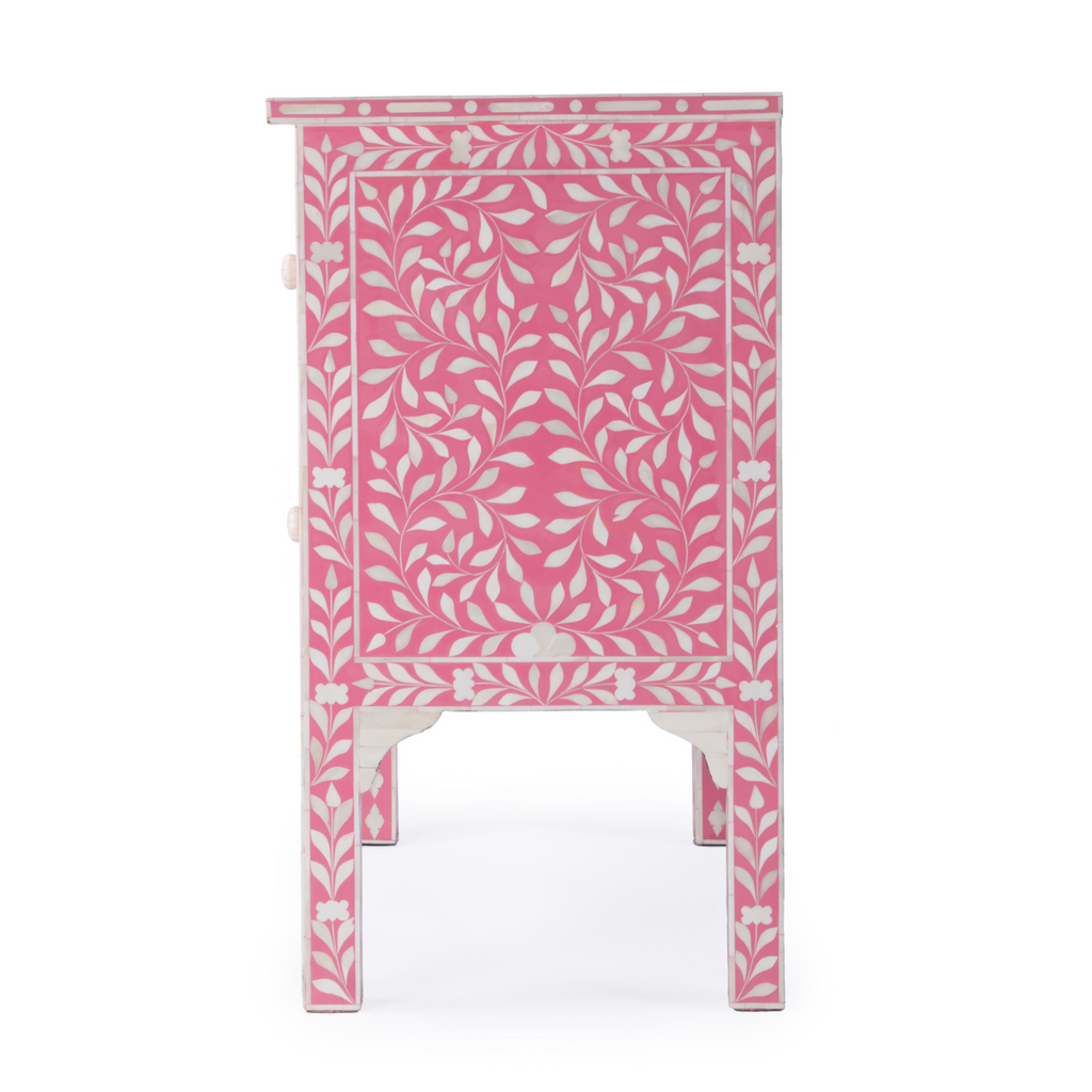 Pink & White Bone Inlay Two Drawer Side Table With Floral Pulls - The Well Appointed House