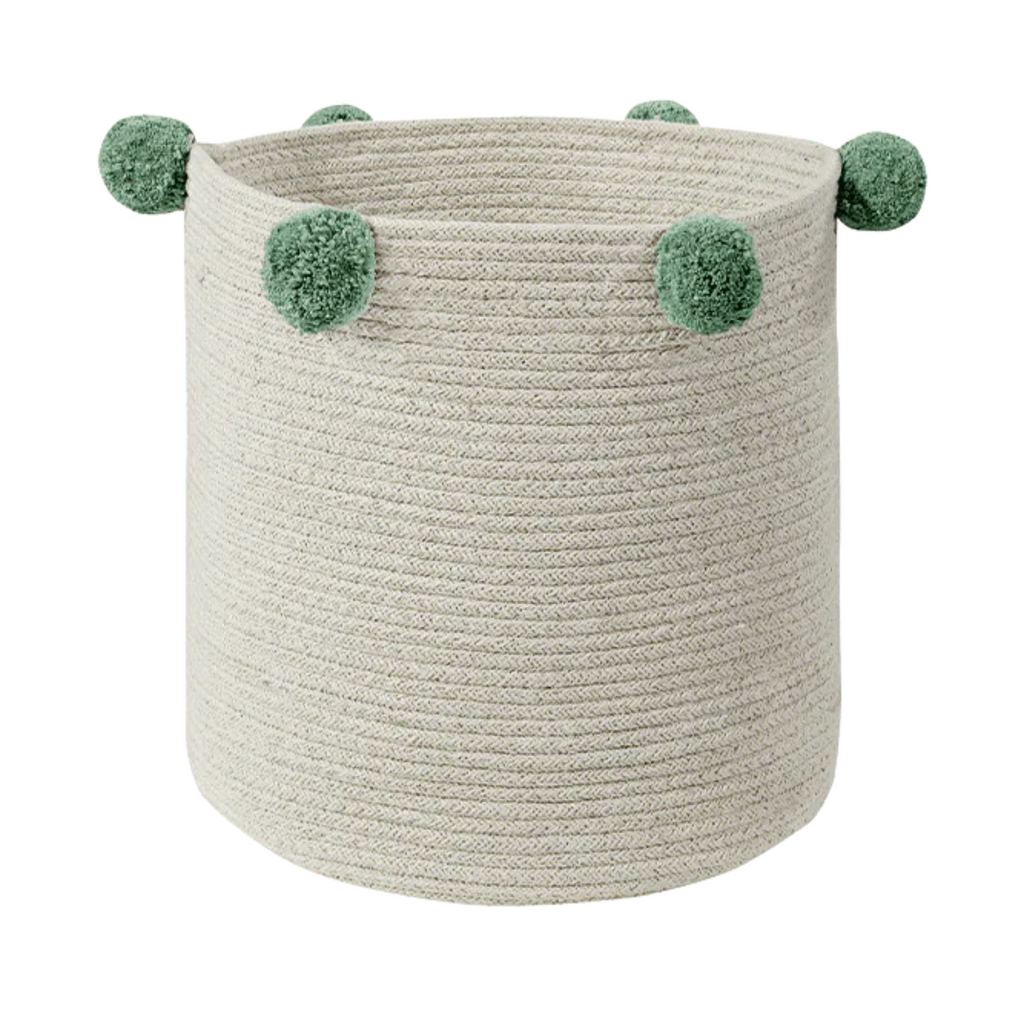 Washable Woven Cotton Natural Nude Storage Basket with Green Pom Poms - Little Loves Baskets & Hampers - The Well Appointed House