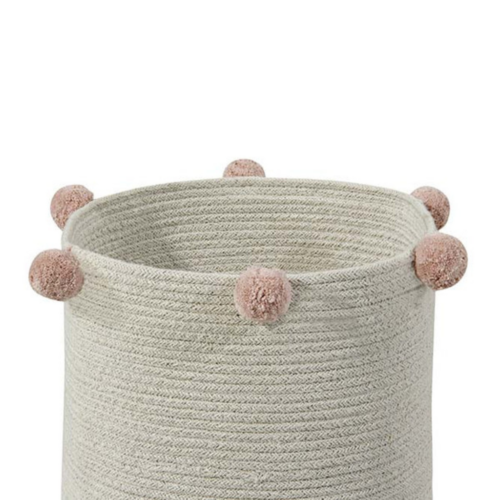 Washable Woven Cotton Natural Nude Storage Basket with Pink Pom Poms - Little Loves Baskets & Hampers - The Well Appointed House