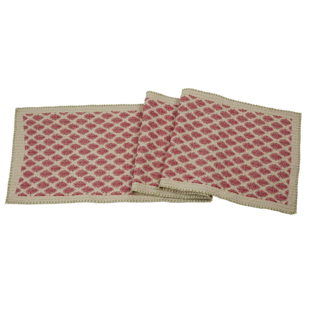 Artisan Hand Loomed Cotton Table Runner - Red with Green Stitching - 18"x96" - The Well Appointed House