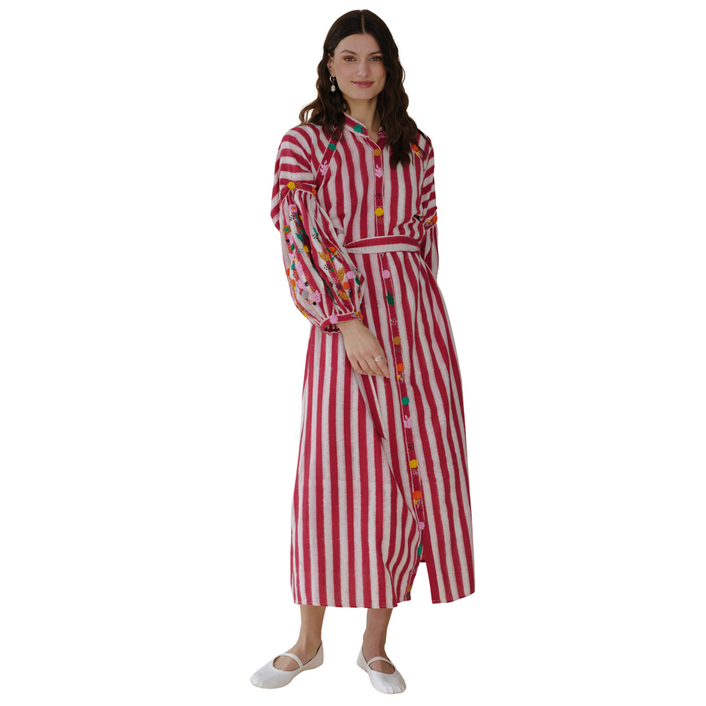 Rambagh Stripe Embroidered Dress Red / L Rambagh Stripe Embroidered Dress Red / L