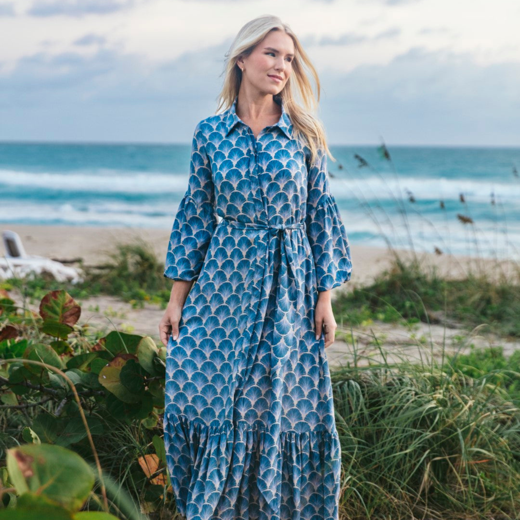 Rayna Dress A-Line Shirt Dress in Palm Fan Sky L