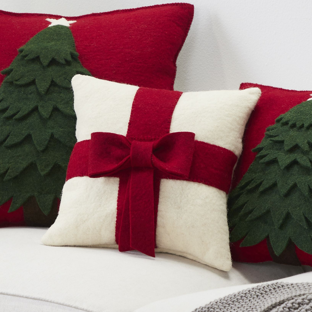 Hand Felted Wool Christmas Pillow Cover - Cream Tree Gray - 20