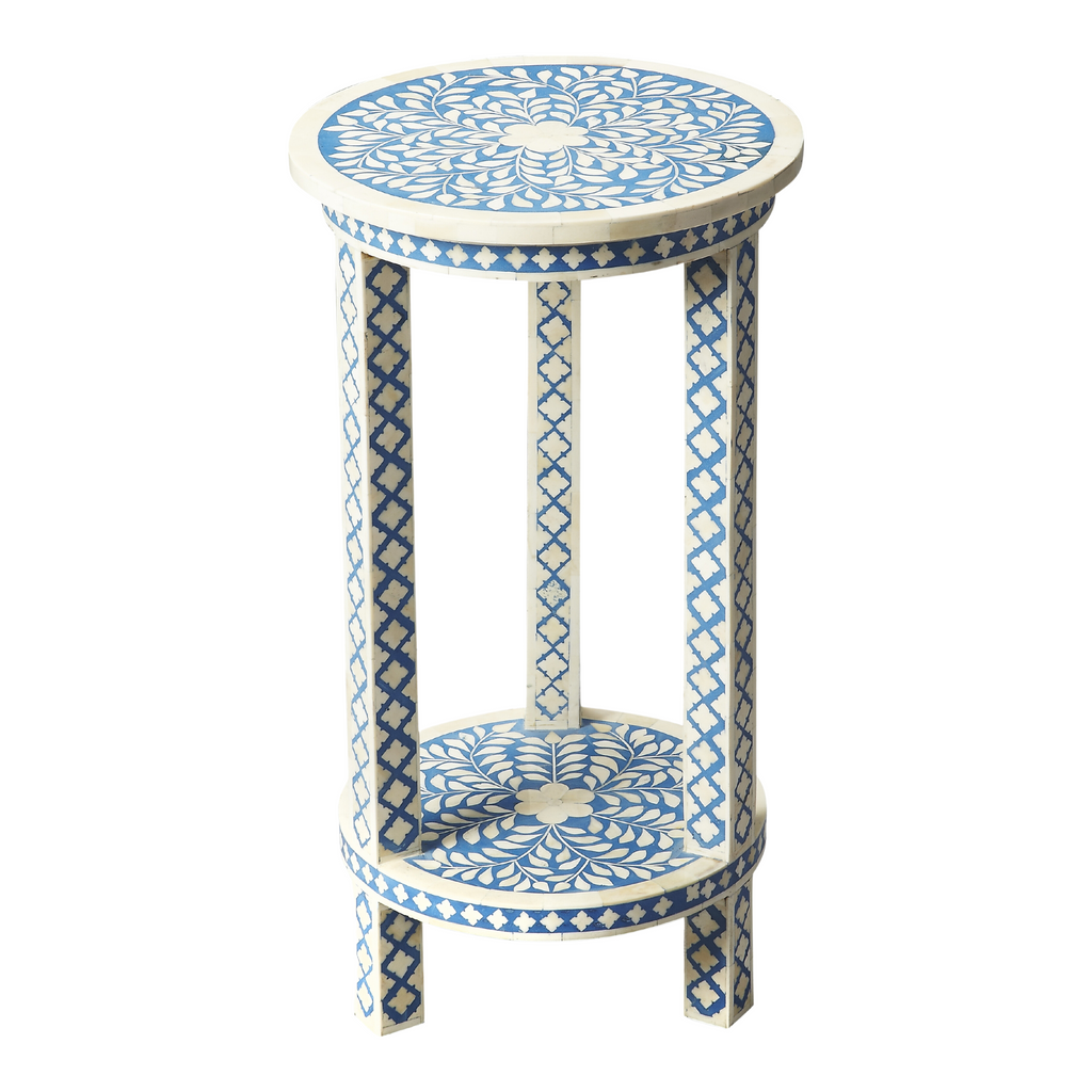 Round Blue Bone Inlay Accent Table with Floral Mosaic Pattern - Nightstands & Chests - The Well Appointed House