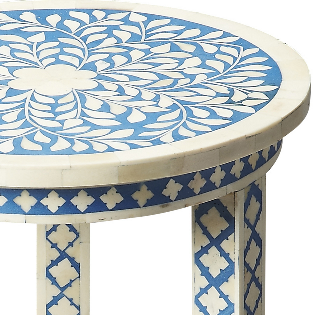Round Blue Bone Inlay Accent Table with Floral Mosaic Pattern - Nightstands & Chests - The Well Appointed House