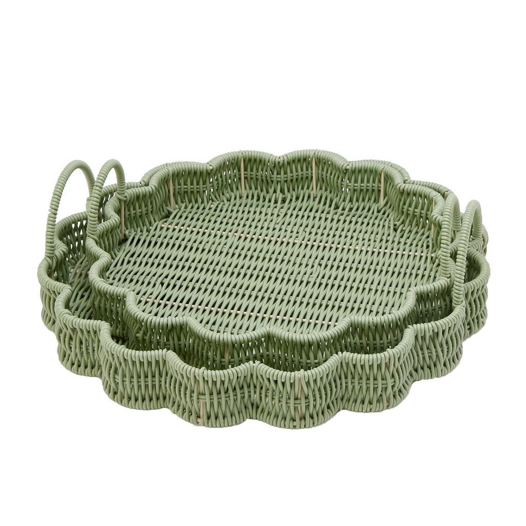 S2 All Weather Wicker Scalloped Edge Green Round Serving Tray - The Well Appointed House