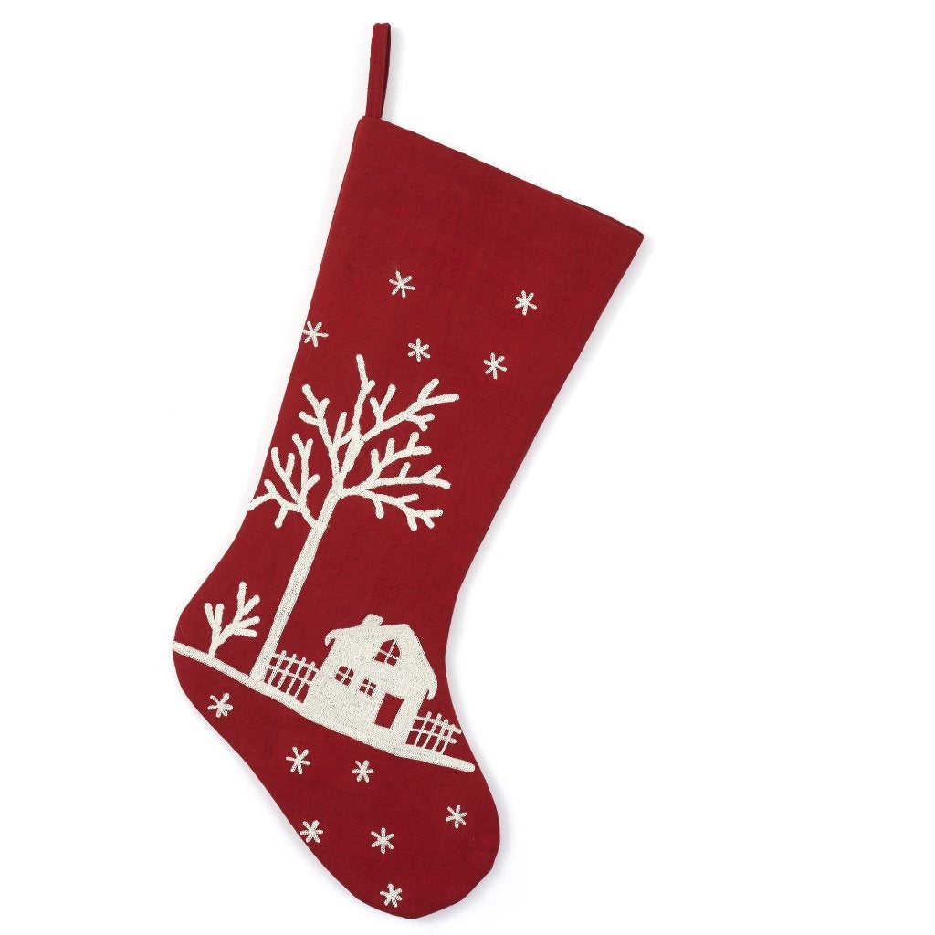 Handmade Christmas Stocking - Snowy Village Embroidered Scene on Red - The Well Appointed House