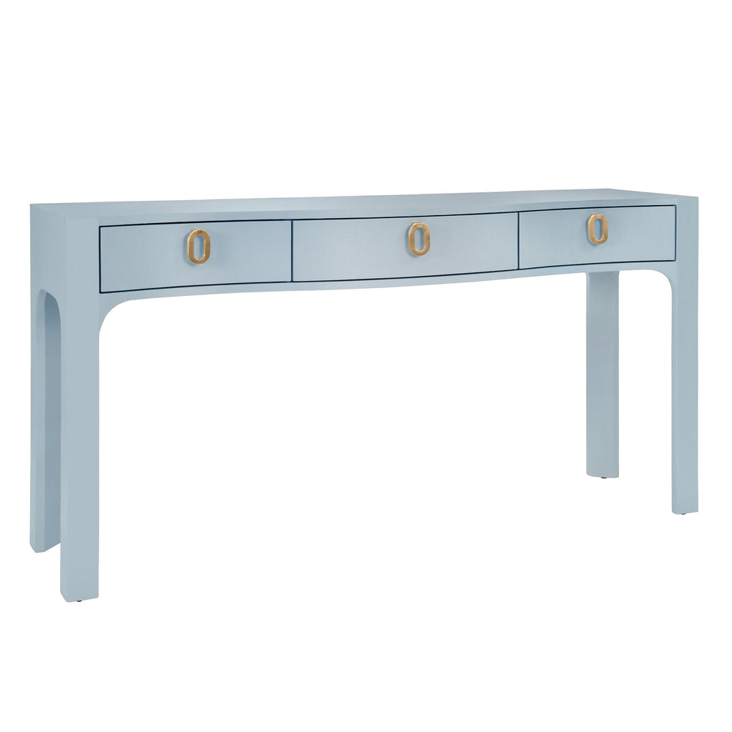 Sabrina Three Drawer Console in Textured Light Blue Linen - The Well Appointed House