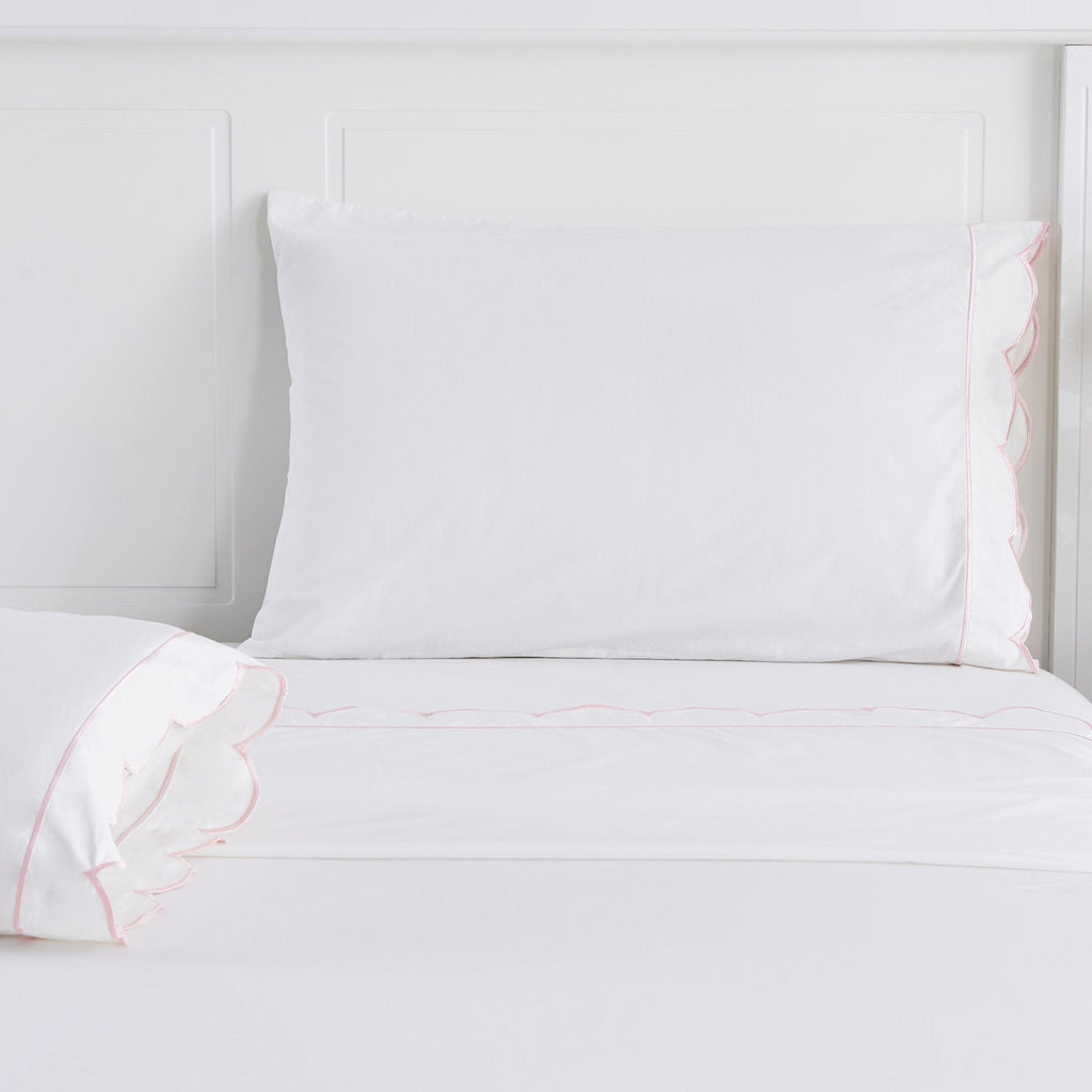 Scallop Frame Embroidered Cotton Percale Pillowcase, Set of 2 - The Well Appointed House 