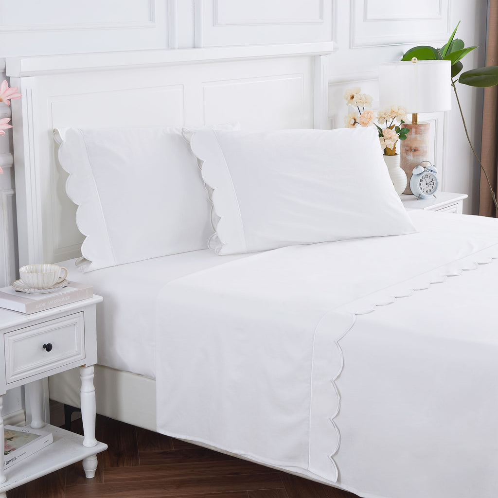 Scallop Frame Embroidered Cotton Percale Sheet Set - The Well Appointed House 