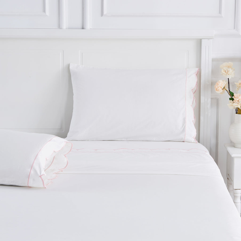 Scallop Frame Embroidered Cotton Percale Sheet Set - The Well Appointed House 