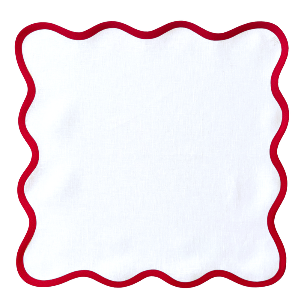 Scalloped Square Table Linen, Lily White with Rosebud Trim - The Well Appointed House