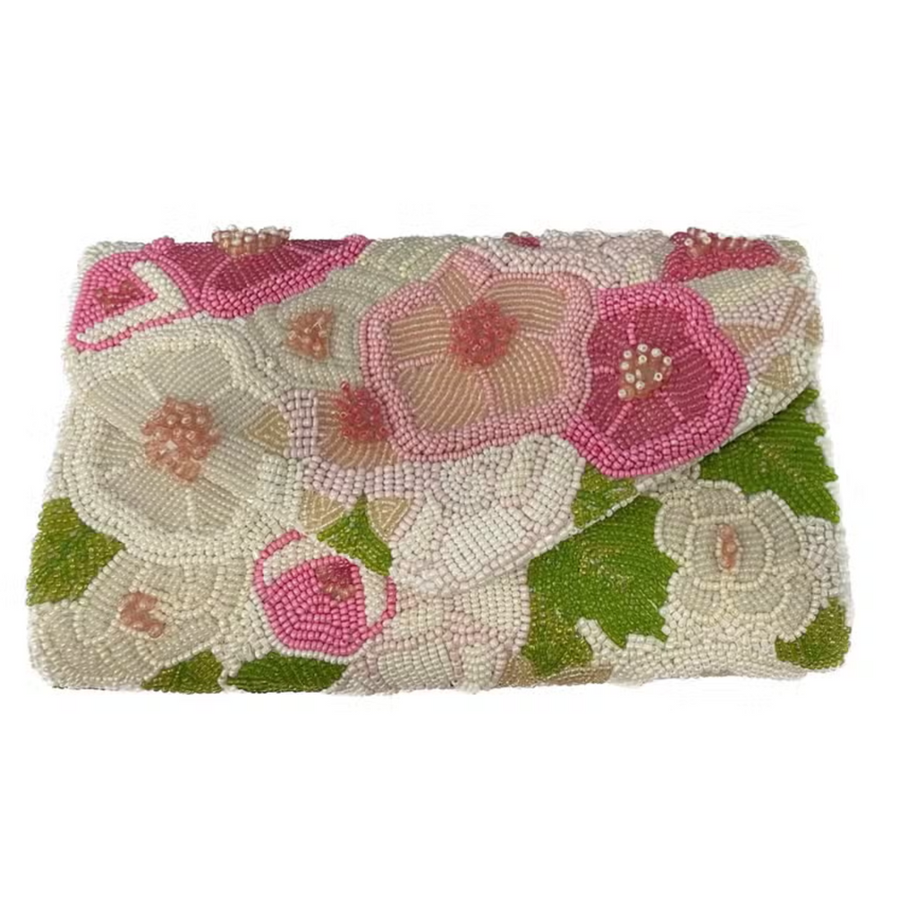Fully Beaded Pink & White Floral Motif Envelope Style Clutch - The Well Appointed House