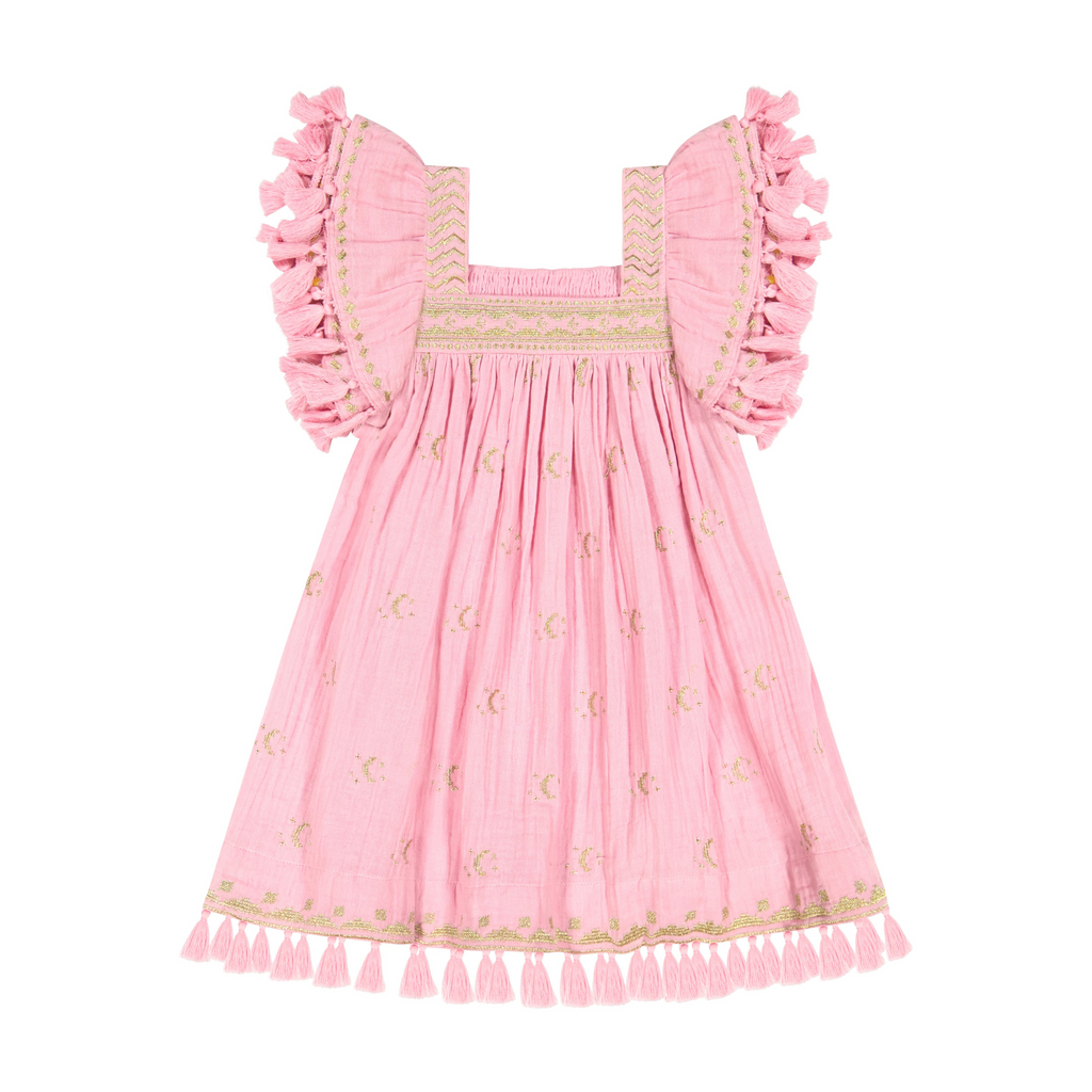 Serena Girl's Tassel Dress in Rose With Gold Embroidery - The Well Appointed House