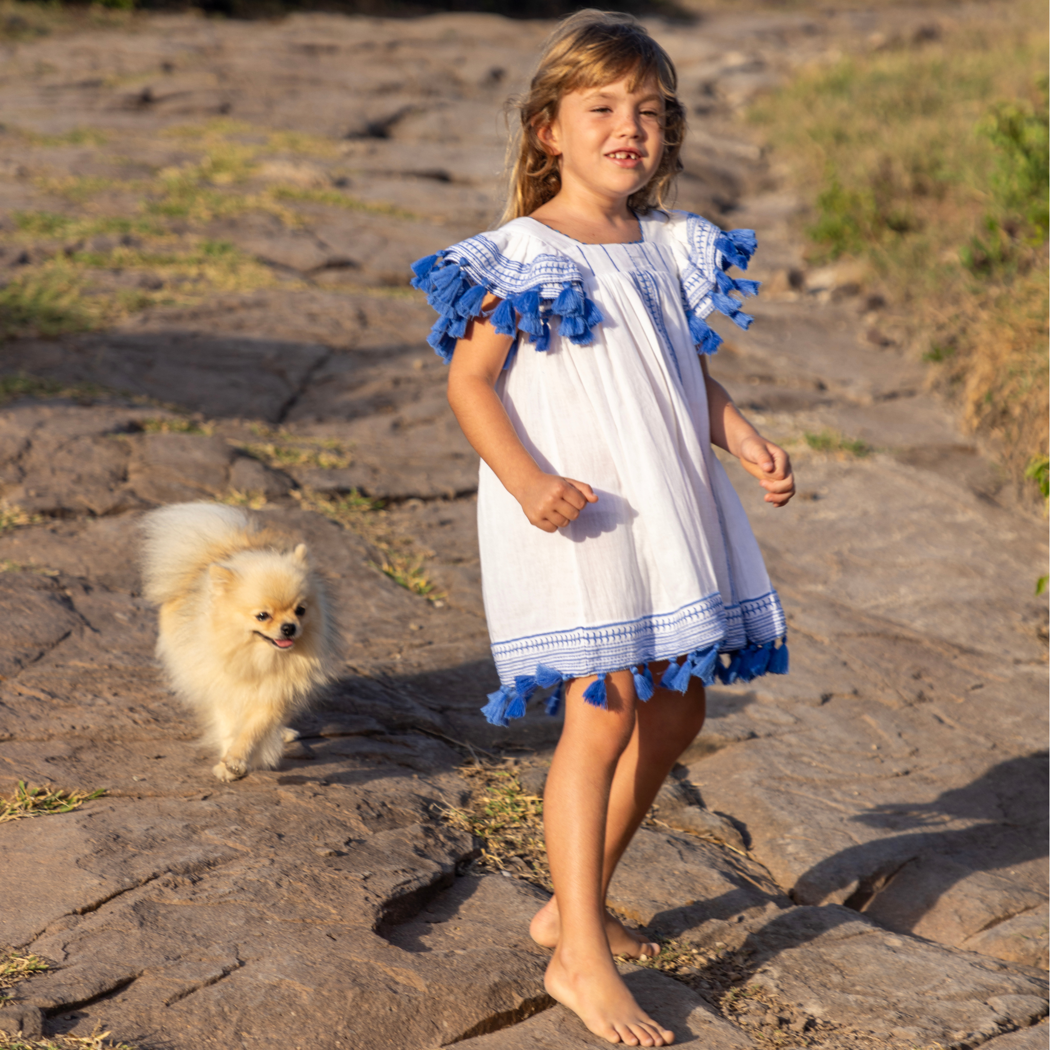 Serena Girls Tassel Dress White Lapis Blue Embroidery 2 / Blue