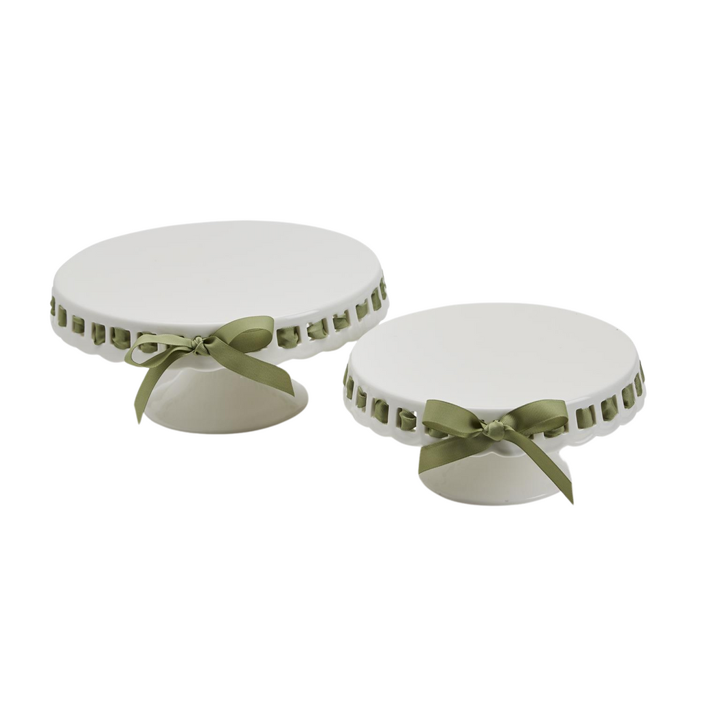Set of 2 Vintage Scalloped Porcelain Serving Pedestals With Green Ribbon - The Well Appointed House