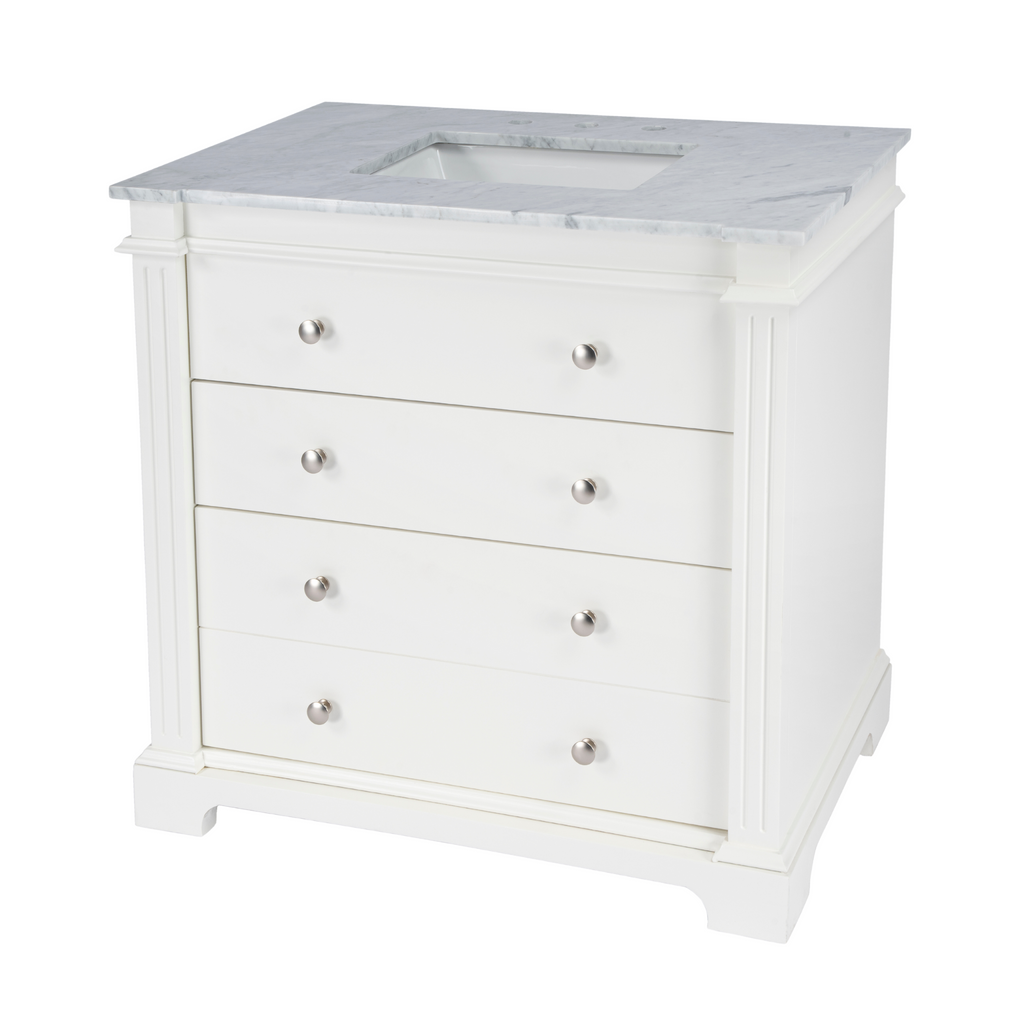 Single Sink Carrera Marble Topped Glossy White Vanity - The Well Appointed House