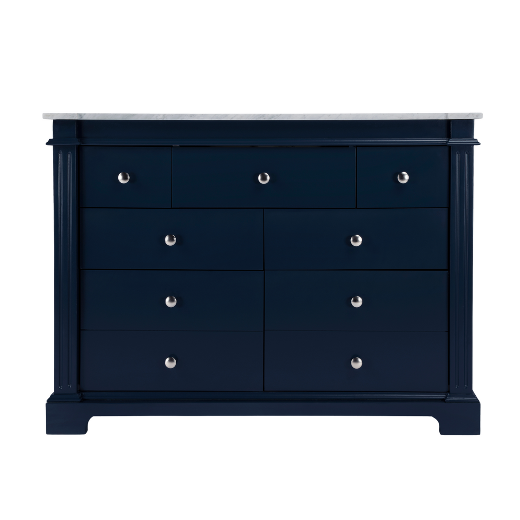 Single Sink Carrera Marble Topped Navy Blue Vanity - The Well Appointed House