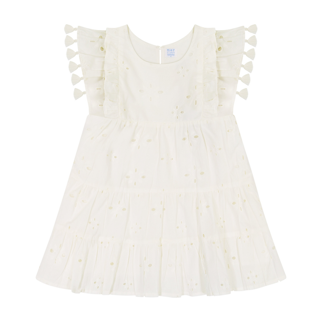 Sophie Girl's Tassel Dress in White Eyelet - The Well Appointed House