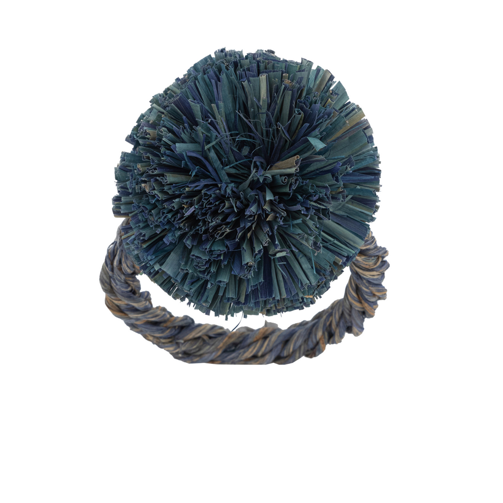 Straw Pompom Napkin Rings, Indigo, Set of Four - The Well Appointed House