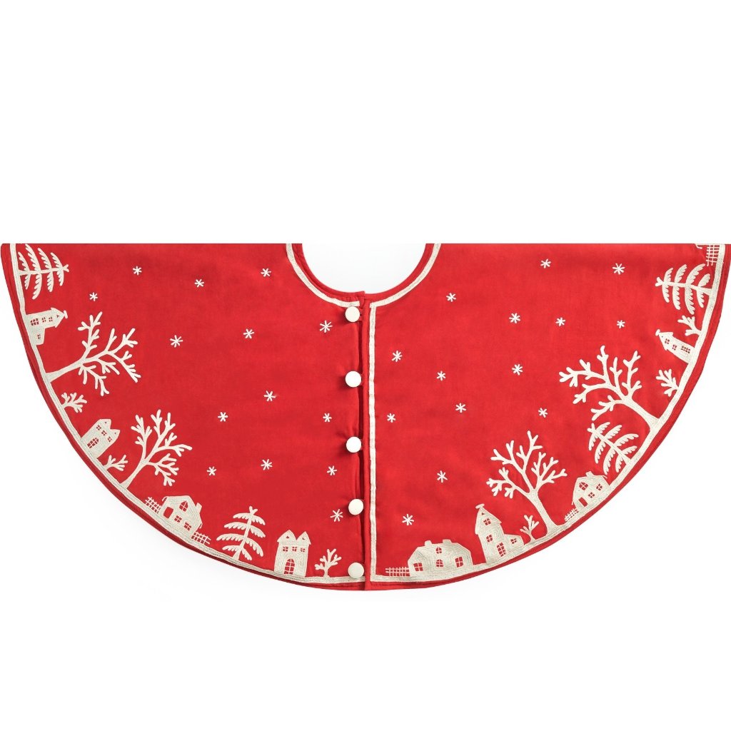Handmade Christmas Tree Skirt in Cotton - Village Scene on Red - 60" - The Well Appointed House