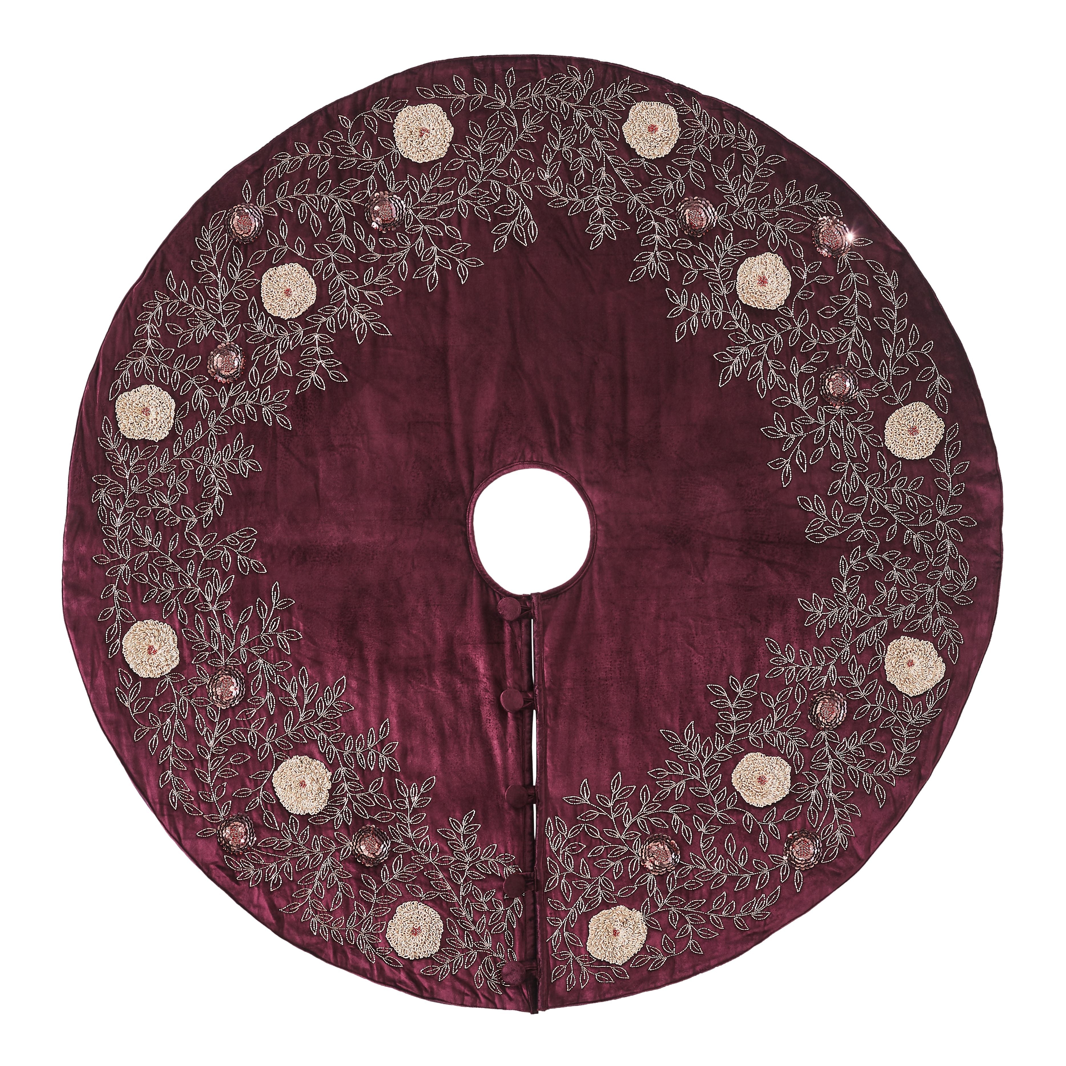 Embroidered and Sequined Holiday Christmas Tree Skirt, Burgundy, 54-inch  Round | eBay
