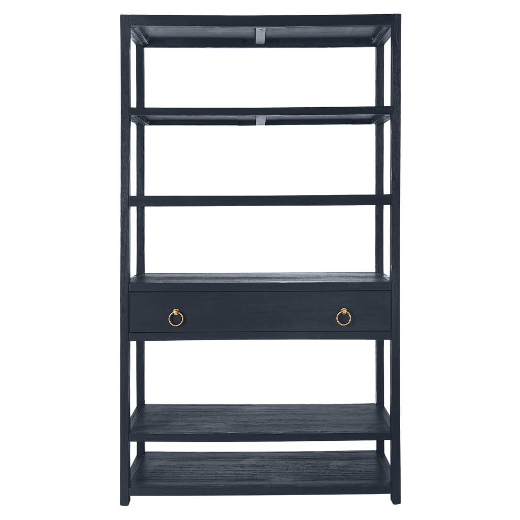 Tall Navy Blue Bookcase With Gold Pulls - The Well Appointed House